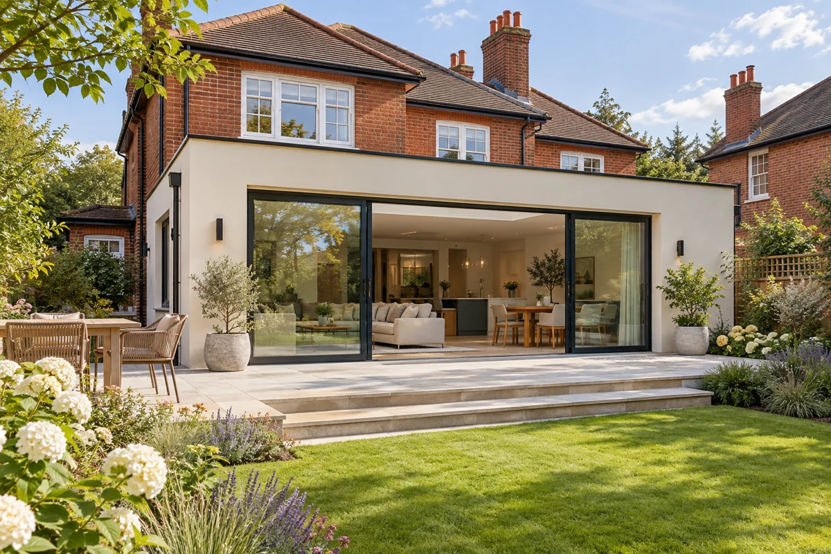 Completed glazed extension on a traditional brick family home.