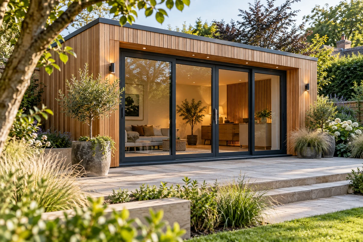 Timber garden room with large glazed doors.