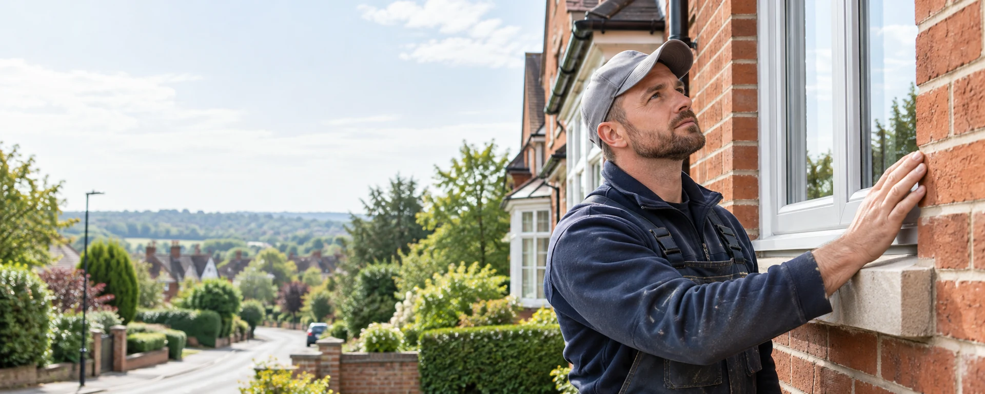 Builder inspecting a window and brickwork on a British home.