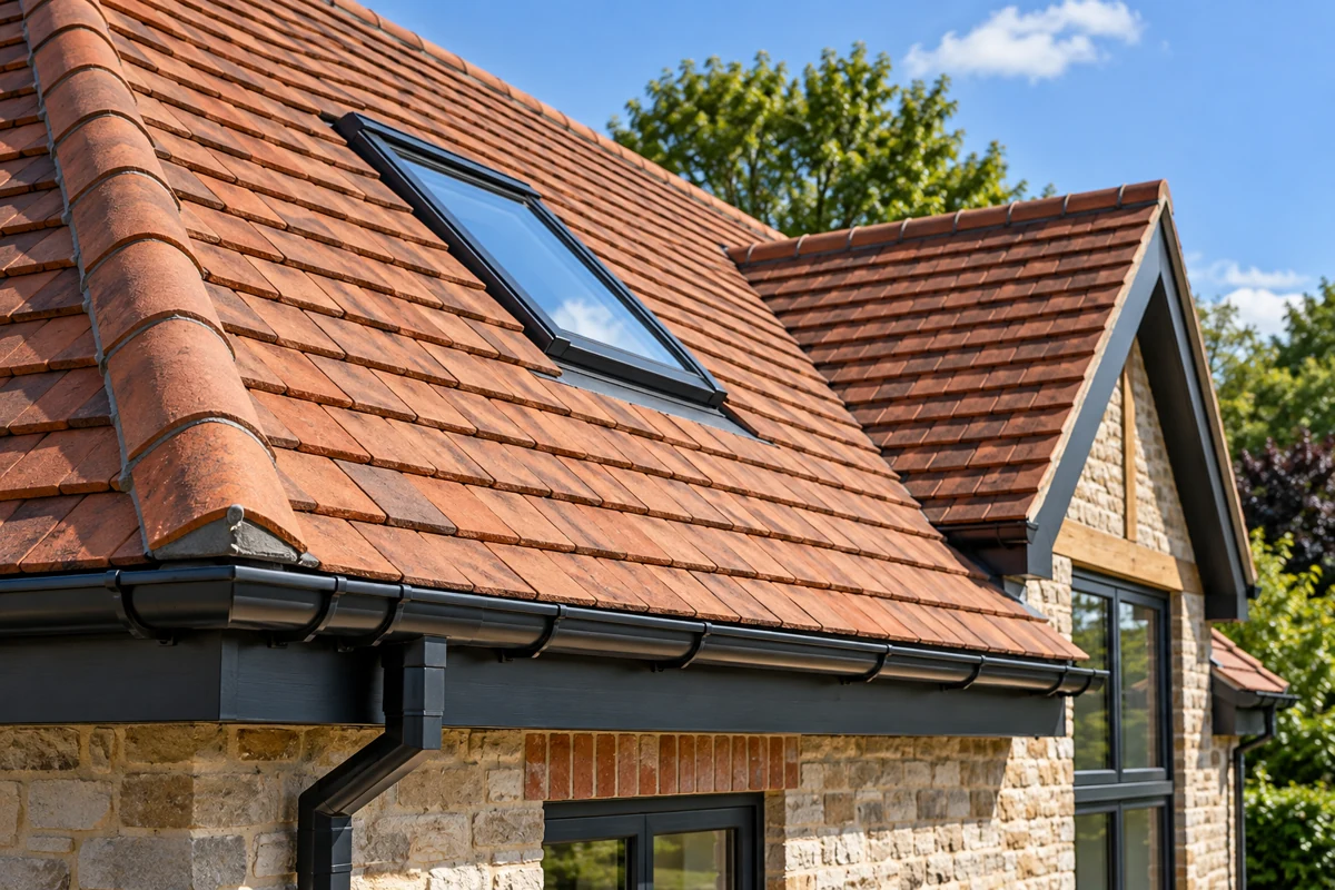 Terracotta tiled roof with roof window and neat fascia details.