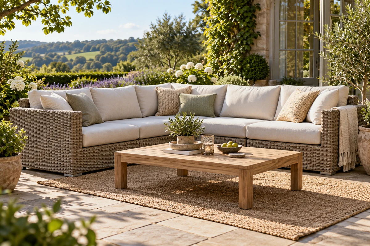 Outdoor corner sofa and teak table in a leafy garden.