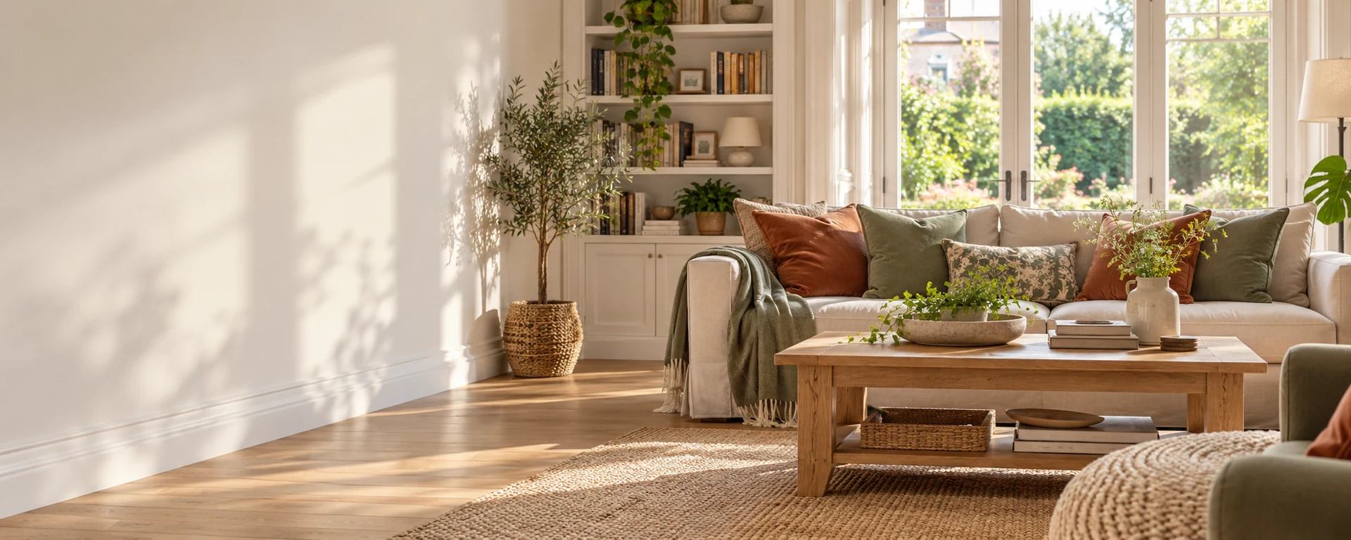 Bright family living room with a cream sofa, shelving, plants and garden windows.