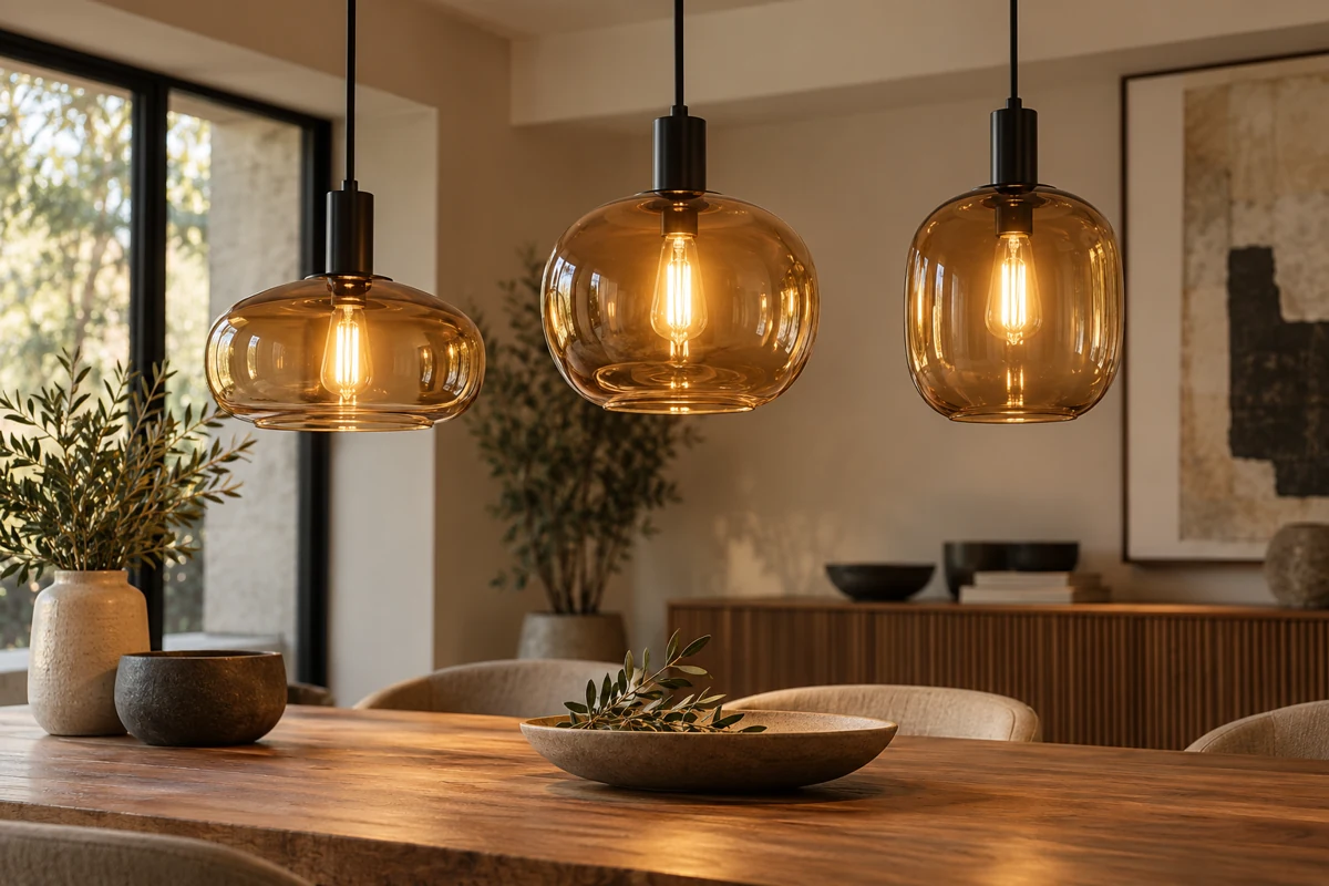 Warm amber-glass pendant lighting.