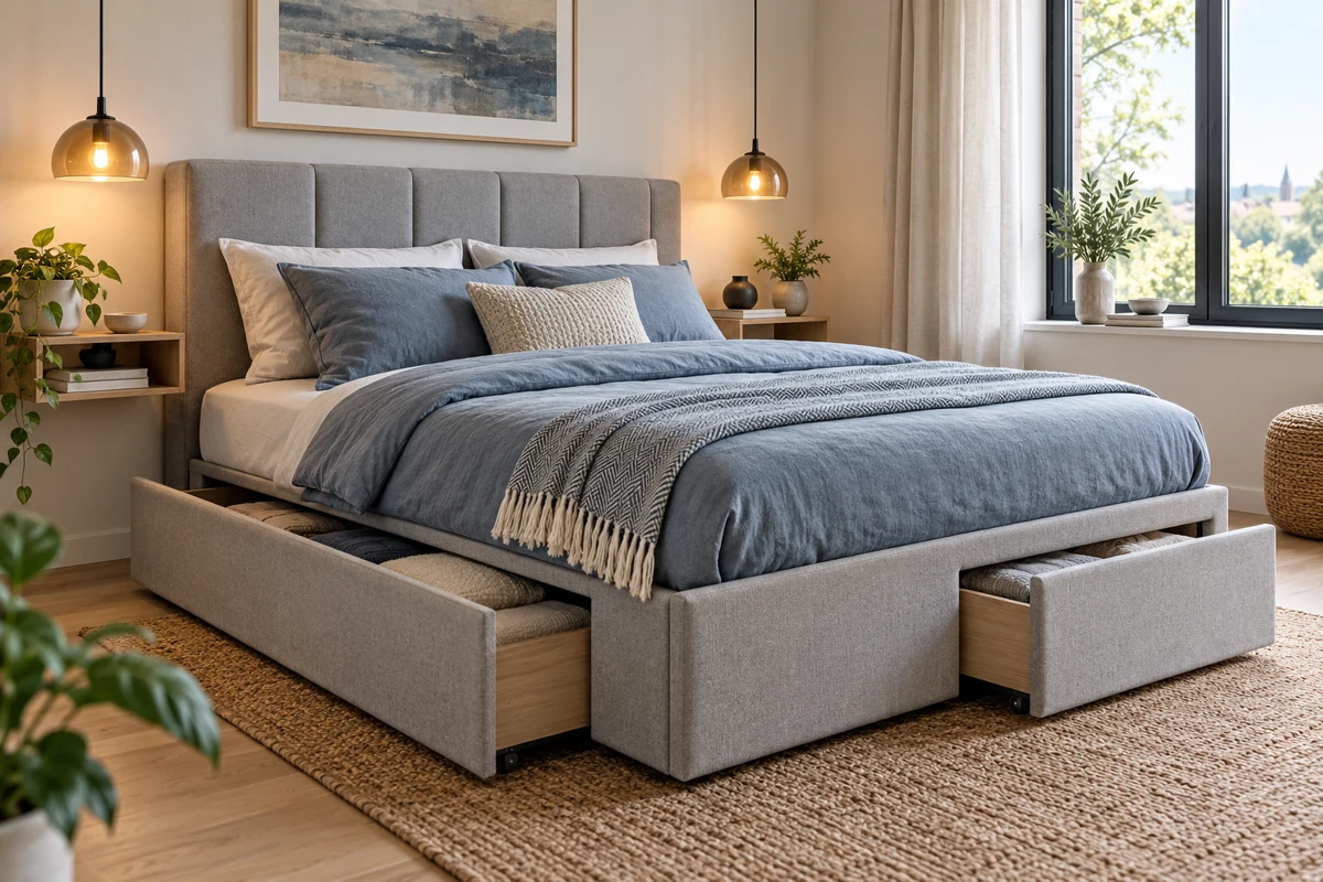 Compact bedroom with an upholstered storage bed.