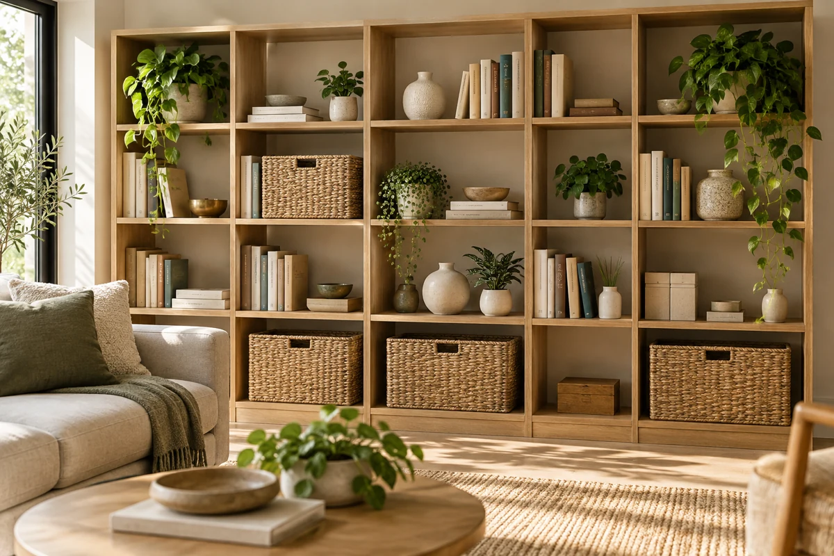 Oak shelves with books, baskets and ceramics.