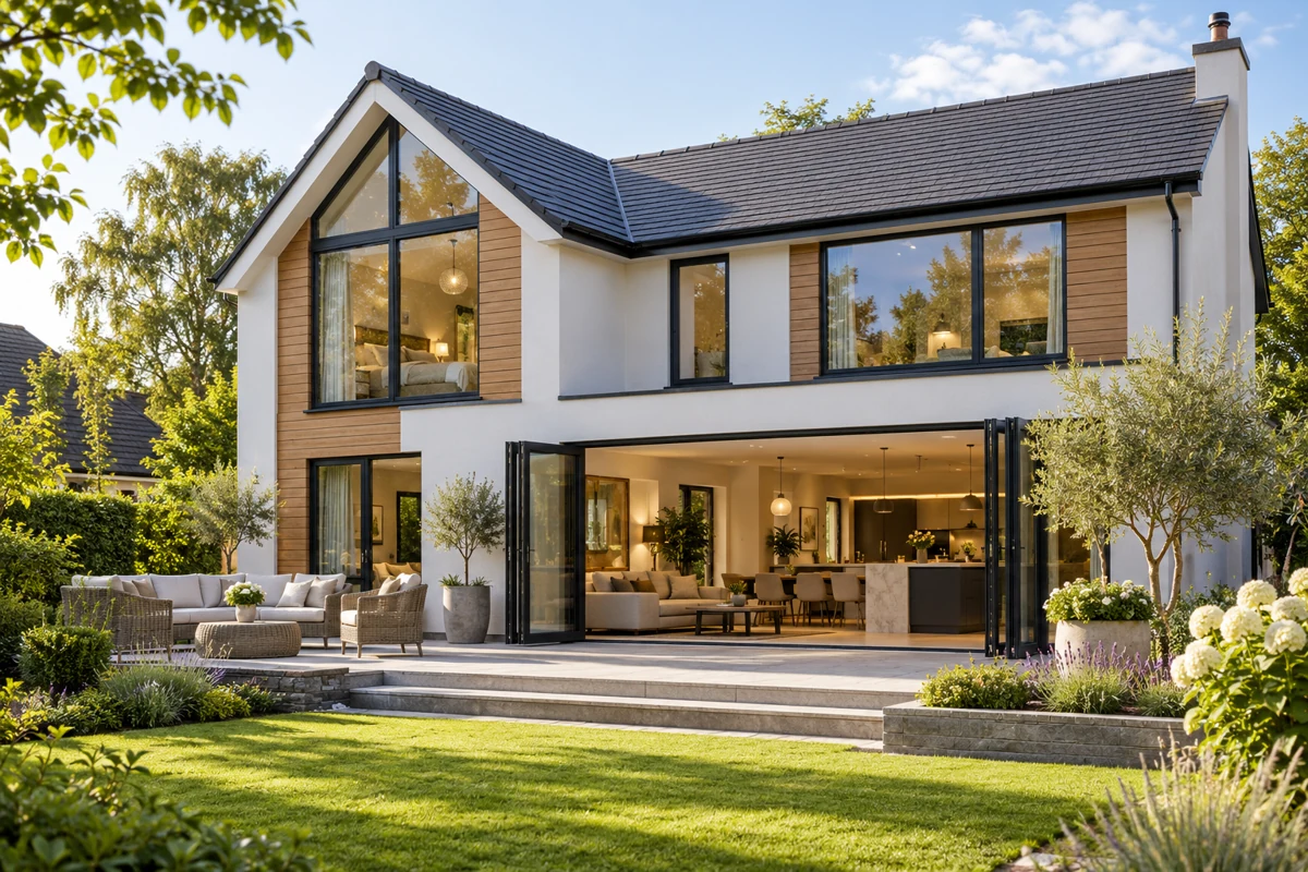 Modern house with black aluminium windows and bifold doors.