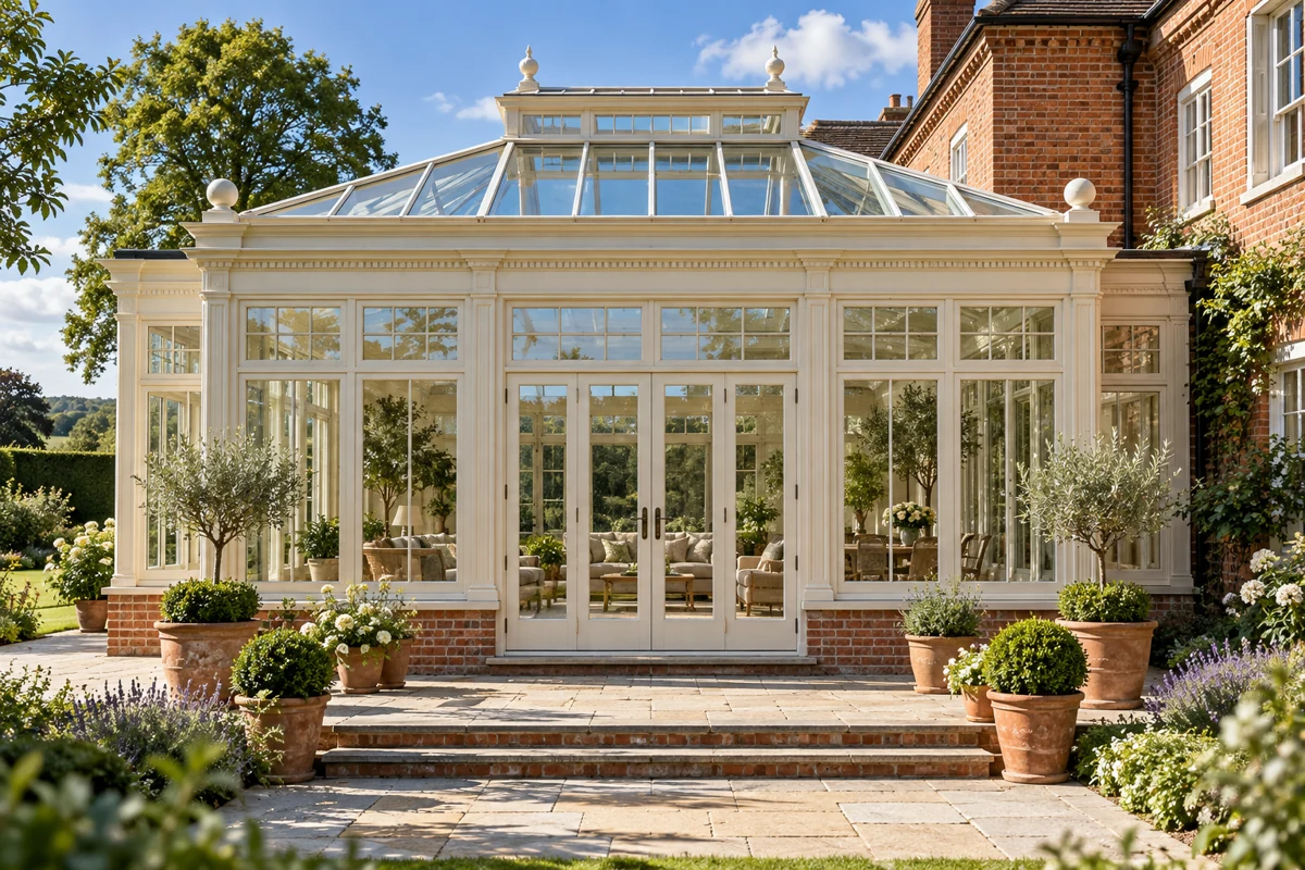 Cream framed glazed orangery in a landscaped garden.