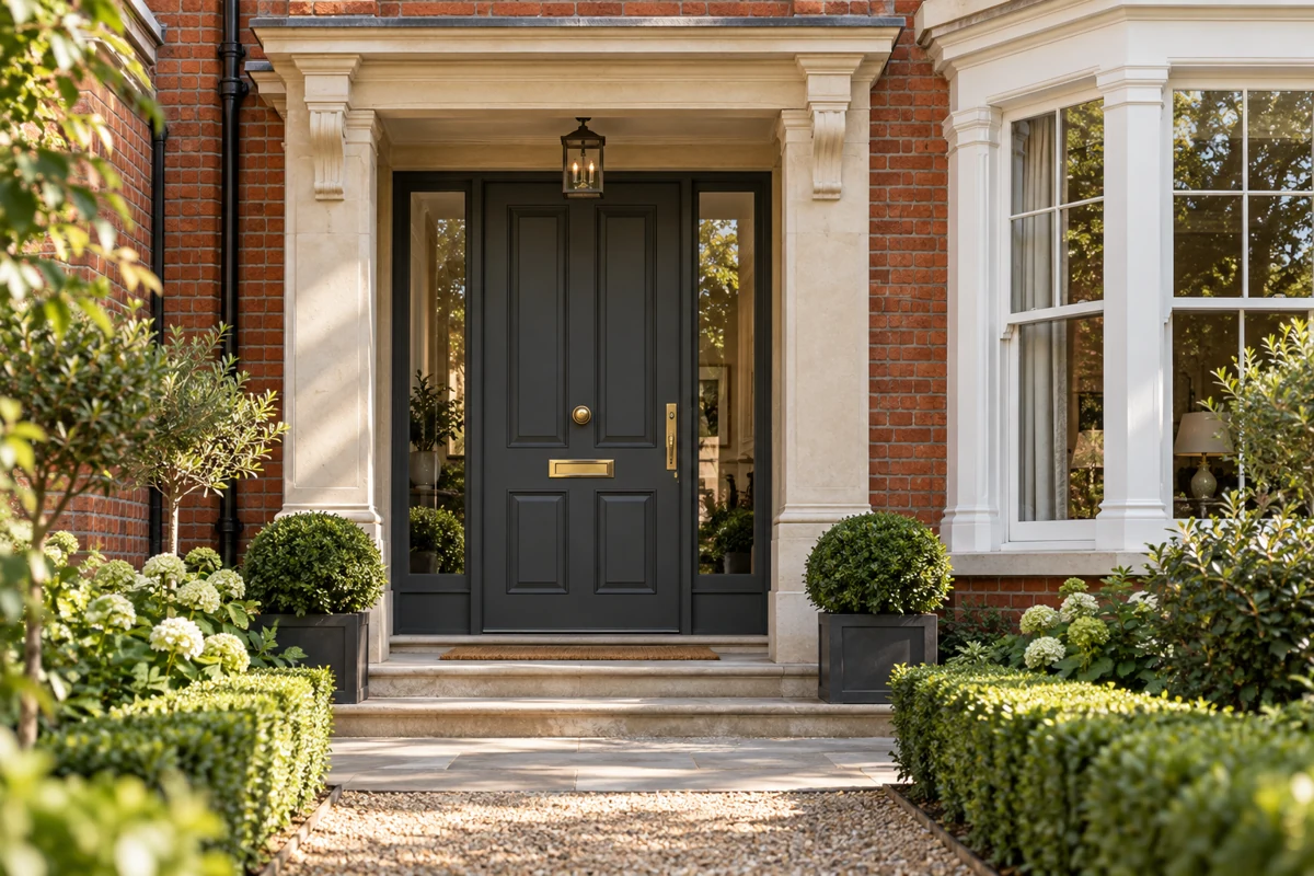 Charcoal front door and white windows on a period home.