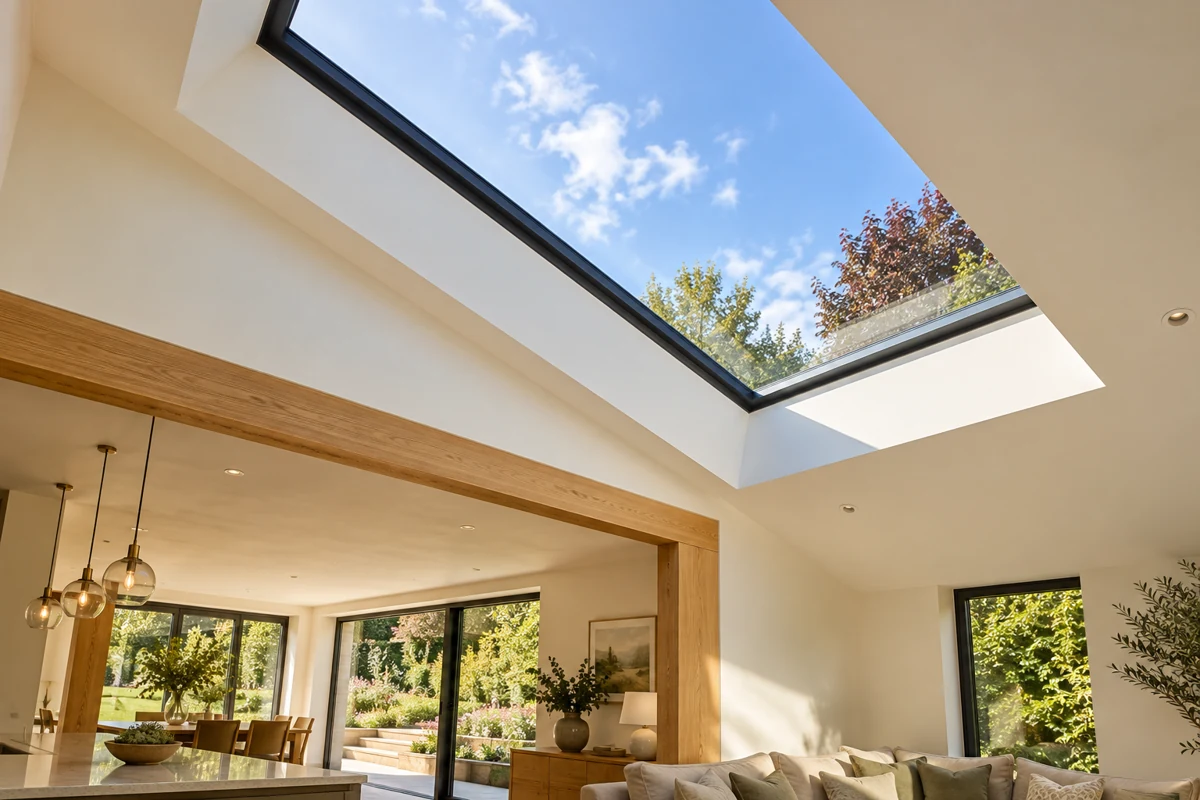 Bright interior with a large glazed rooflight.