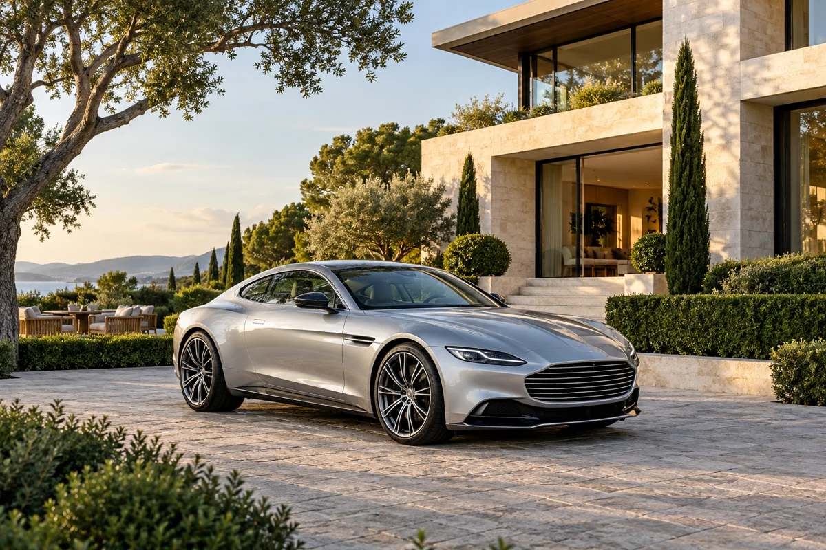 Silver luxury touring coupe on a landscaped driveway outside a contemporary home.