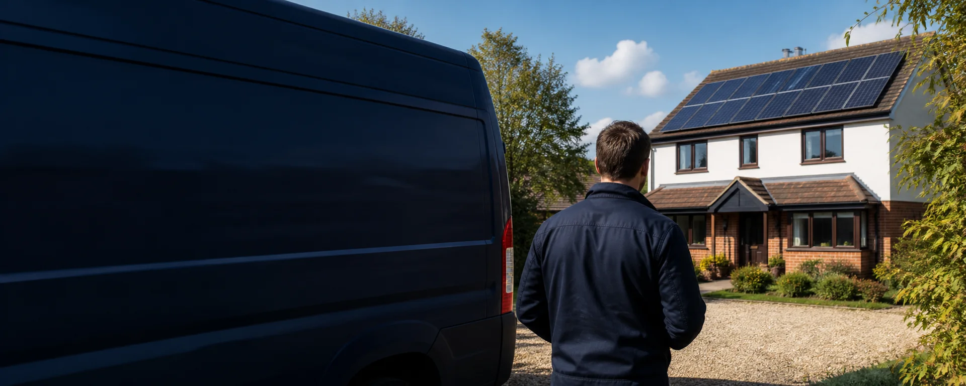 Solar installer beside a work van looking towards a UK home fitted with solar panels.