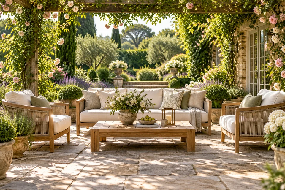 Premium outdoor seating in a landscaped garden.