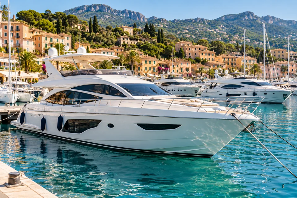 White yachts in a turquoise Mediterranean marina.